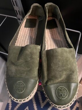 Tory Burch Olive Green Espadrille Slip-On Flats - Embossed Logo